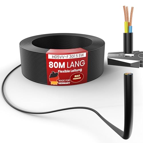 MAS Premium Von 5 bis 100m Kunststoffschlauchleitung H05VV-F 2, 3 oder 5 x0,75; x1; x1,5 oder x2,5 und 4G0,75 Flexible Leitung Kabel Leitung Gerätekabel (H05VV-F 3G1,5 SW, 80m) von MAS Premium