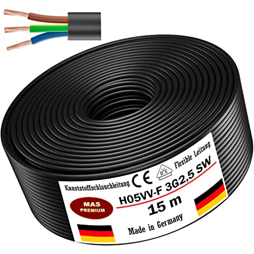 MAS Premium Von 5 bis 100m Kunststoffschlauchleitung H05VV-F 2, 3 oder 5 x0,75; x1; x1,5 oder x2,5 und 4G0,75 Flexible Leitung Kabel Leitung Gerätekabel (H05VV-F 3G2,5 SW, 15m) von MAS Premium