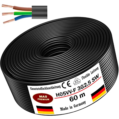 Von 5 bis 100m Kunststoffschlauchleitung H05VV-F 3G0,75; 3G1; 3G1,5 oder 3G2,5 Schwarz Flexible Leitung Kabel Leitung Gerätekabel (H05VV-F 3G2,5 SW, 60m) von MAS Premium
