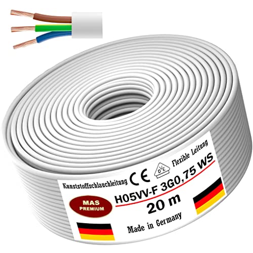 Von 5 bis 100m Kunststoffschlauchleitung H05VV-F 3G0,75; 3G1; 3G1,5 oder 3G2,5 Weiß Flexible Leitung Kabel Leitung Gerätekabel (H05VV-F 3G0,75 WS, 20m) von MAS Premium