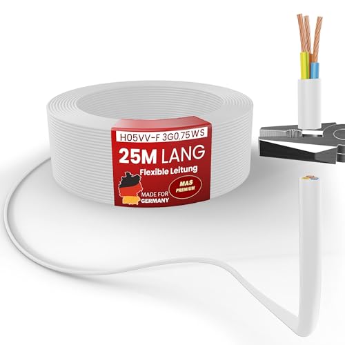 Von 5 bis 100m Kunststoffschlauchleitung H05VV-F 3G0,75; 3G1; 3G1,5 oder 3G2,5 Weiß Flexible Leitung Kabel Leitung Gerätekabel (H05VV-F 3G0,75 WS, 25m) von MAS Premium