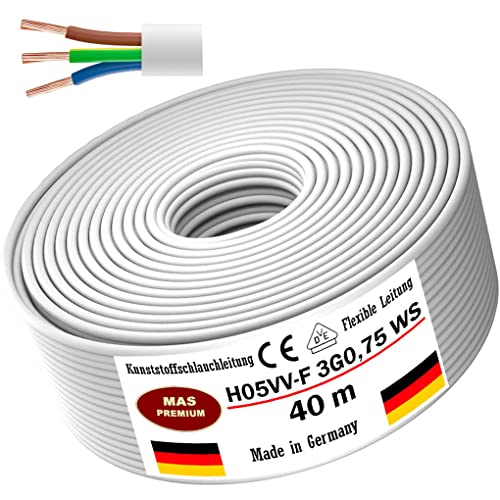 MAS Premium Von 5 bis 100m Kunststoffschlauchleitung H05VV-F 2, 3 oder 5 x0,75; x1; x1,5 oder x2,5 und 4G0,75 Flexible Leitung Kabel Leitung Gerätekabel (H05VV-F 3G0,75 WS, 40m) von MAS Premium
