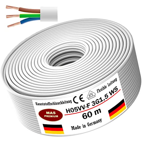 Von 5 bis 100m Kunststoffschlauchleitung H05VV-F 3G0,75; 3G1; 3G1,5 oder 3G2,5 Weiß Flexible Leitung Kabel Leitung Gerätekabel (H05VV-F 3G1,5 WS, 60m) von MAS Premium