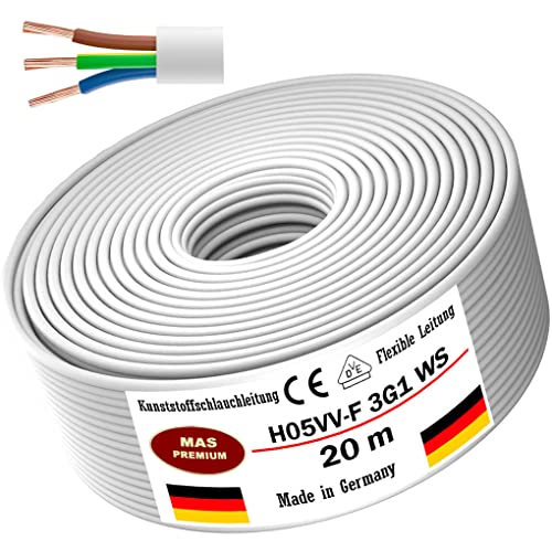MAS Premium Von 5 bis 100m Kunststoffschlauchleitung H05VV-F 2, 3 oder 5 x0,75; x1; x1,5 oder x2,5 und 4G0,75 Flexible Leitung Kabel Leitung Gerätekabel (H05VV-F 3G1 WS, 20m) von MAS Premium