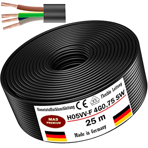 Von 5 bis 100m Kunststoffschlauchleitung H05VV-F 4G0,75 Schwarz Flexible Leitung Kabel Leitung Gerätekabel (25m) von MAS Premium