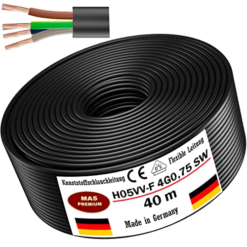 Von 5 bis 100m Kunststoffschlauchleitung H05VV-F 4G0,75 Schwarz Flexible Leitung Kabel Leitung Gerätekabel (40m) von MAS Premium