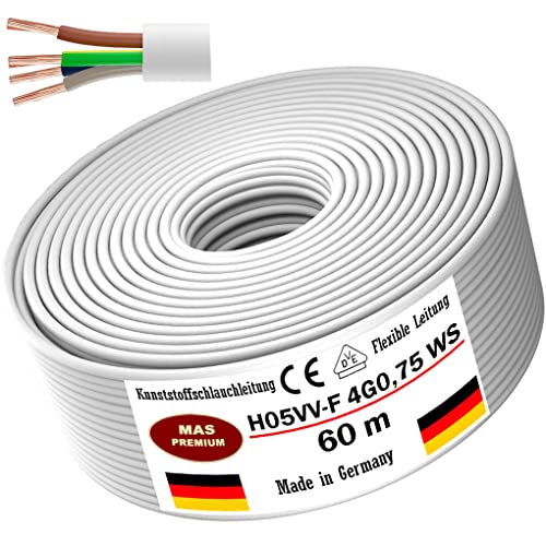 Von 5 bis 100m Kunststoffschlauchleitung H05VV-F 4G0,75 Weiß Flexible Leitung Kabel Leitung Gerätekabel (60m) von MAS Premium