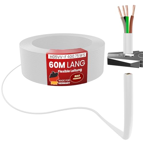 MAS Premium Von 5 bis 100m Kunststoffschlauchleitung H05VV-F 2, 3 oder 5 x0,75; x1; x1,5 oder x2,5 und 4G0,75 Flexible Leitung Kabel Leitung Gerätekabel (H05VV-F 4G0,75 WS, 60m) von MAS Premium