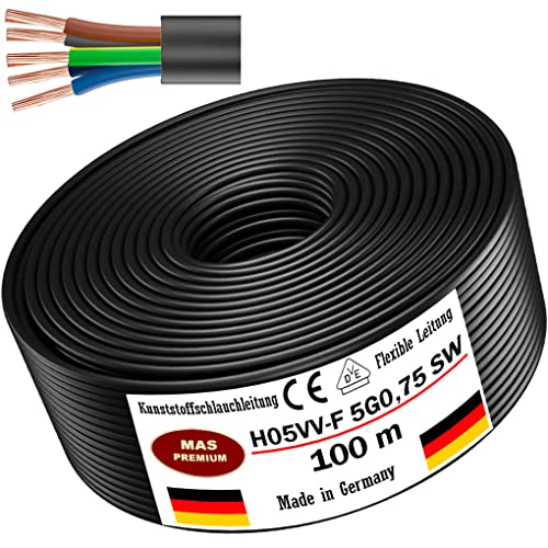 Von 5 bis 100m Kunststoffschlauchleitung H05VV-F 5G0,75; 5G1; 5G1,5 oder 5G2,5 Schwarz Flexible Leitung Kabel Leitung Gerätekabel (H05VV-F 5G0,75 SW, 100m) von MAS Premium