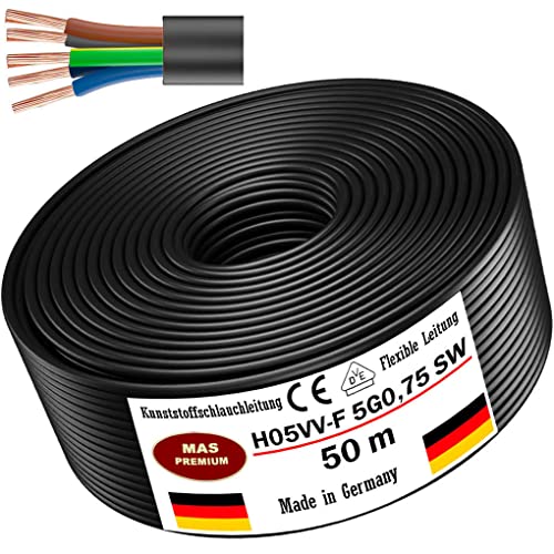 Von 5 bis 100m Kunststoffschlauchleitung H05VV-F 5G0,75; 5G1; 5G1,5 oder 5G2,5 Schwarz Flexible Leitung Kabel Leitung Gerätekabel (H05VV-F 5G0,75 SW, 50m) von MAS Premium