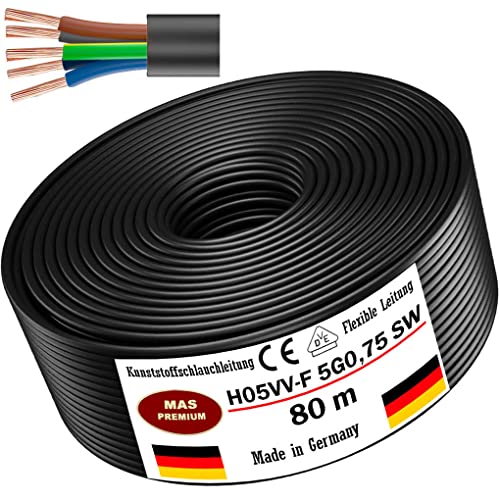 Von 5 bis 100m Kunststoffschlauchleitung H05VV-F 5G0,75; 5G1; 5G1,5 oder 5G2,5 Schwarz Flexible Leitung Kabel Leitung Gerätekabel (H05VV-F 5G0,75 SW, 80m) von MAS Premium