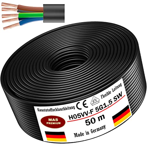 Von 5 bis 100m Kunststoffschlauchleitung H05VV-F 5G0,75; 5G1; 5G1,5 oder 5G2,5 Schwarz Flexible Leitung Kabel Leitung Gerätekabel (H05VV-F 5G1,5 SW, 50m) von MAS Premium