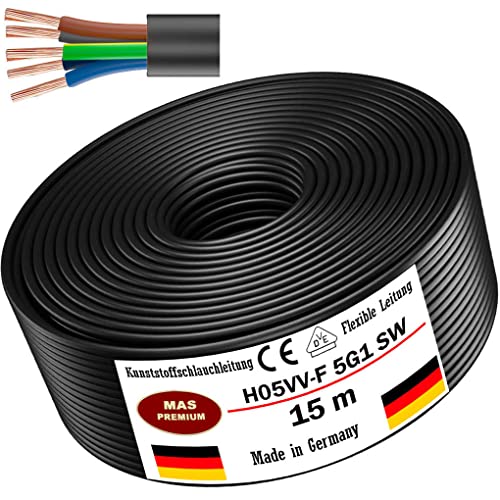 Von 5 bis 100m Kunststoffschlauchleitung H05VV-F 5G0,75; 5G1; 5G1,5 oder 5G2,5 Schwarz Flexible Leitung Kabel Leitung Gerätekabel (H05VV-F 5G1 SW, 15m) von MAS Premium