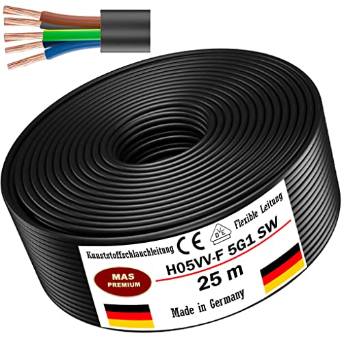 Von 5 bis 100m Kunststoffschlauchleitung H05VV-F 5G0,75; 5G1; 5G1,5 oder 5G2,5 Schwarz Flexible Leitung Kabel Leitung Gerätekabel (H05VV-F 5G1 SW, 25m) von MAS Premium