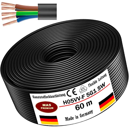 Von 5 bis 100m Kunststoffschlauchleitung H05VV-F 5G0,75; 5G1; 5G1,5 oder 5G2,5 Schwarz Flexible Leitung Kabel Leitung Gerätekabel (H05VV-F 5G1 SW, 60m) von MAS Premium