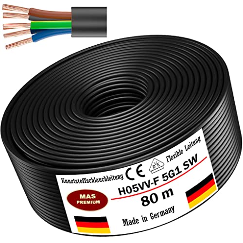 Von 5 bis 100m Kunststoffschlauchleitung H05VV-F 5G0,75; 5G1; 5G1,5 oder 5G2,5 Schwarz Flexible Leitung Kabel Leitung Gerätekabel (H05VV-F 5G1 SW, 80m) von MAS Premium