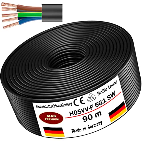 Von 5 bis 100m Kunststoffschlauchleitung H05VV-F 5G0,75; 5G1; 5G1,5 oder 5G2,5 Schwarz Flexible Leitung Kabel Leitung Gerätekabel (H05VV-F 5G1 SW, 90m) von MAS Premium