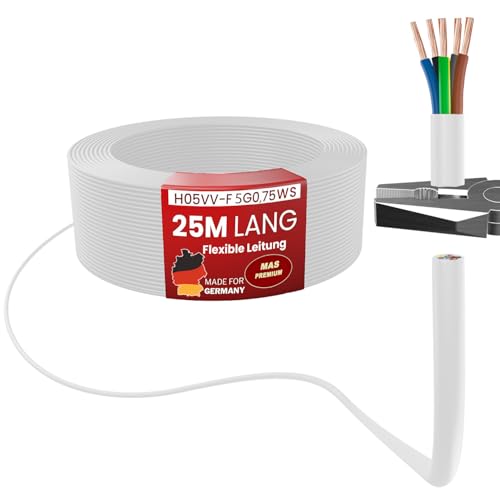 Von 5 bis 100m Kunststoffschlauchleitung H05VV-F 5G0,75; 5G1; 5G1,5 oder 5G2,5 Weiß Flexible Leitung Kabel Leitung Gerätekabel (H05VV-F 5G0,75 WS, 25m) von MAS Premium