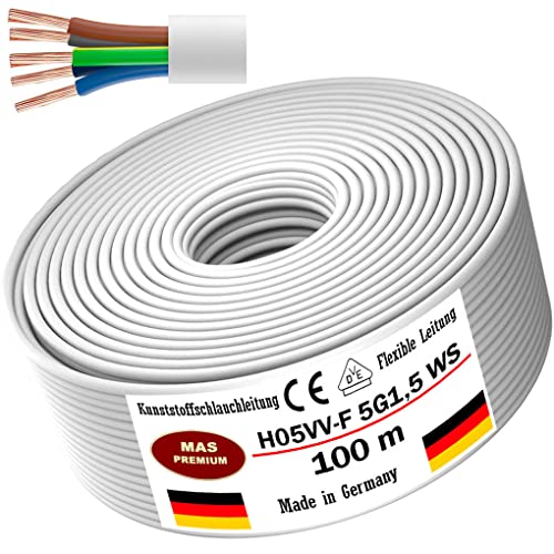 Von 5 bis 100m Kunststoffschlauchleitung H05VV-F 5G0,75; 5G1; 5G1,5 oder 5G2,5 Weiß Flexible Leitung Kabel Leitung Gerätekabel (H05VV-F 5G1,5 WS, 100m) von MAS Premium