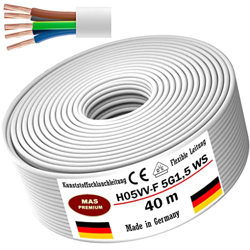 Von 5 bis 100m Kunststoffschlauchleitung H05VV-F 5G0,75; 5G1; 5G1,5 oder 5G2,5 Weiß Flexible Leitung Kabel Leitung Gerätekabel (H05VV-F 5G1,5 WS, 40m) von MAS Premium