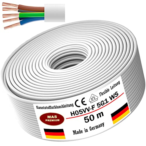 Von 5 bis 100m Kunststoffschlauchleitung H05VV-F 5G0,75; 5G1; 5G1,5 oder 5G2,5 Weiß Flexible Leitung Kabel Leitung Gerätekabel (H05VV-F 5G1 WS, 50m) von MAS Premium