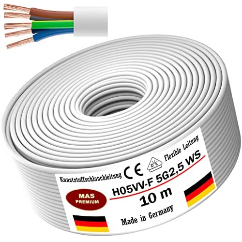 Von 5 bis 100m Kunststoffschlauchleitung H05VV-F 5G0,75; 5G1; 5G1,5 oder 5G2,5 Weiß Flexible Leitung Kabel Leitung Gerätekabel (H05VV-F 5G2,5 WS, 10m) von MAS Premium