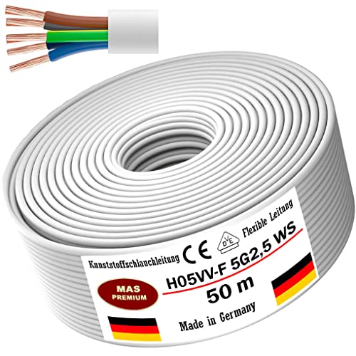 Von 5 bis 100m Kunststoffschlauchleitung H05VV-F 5G0,75; 5G1; 5G1,5 oder 5G2,5 Weiß Flexible Leitung Kabel Leitung Gerätekabel (H05VV-F 5G2,5 WS, 50m) von MAS Premium