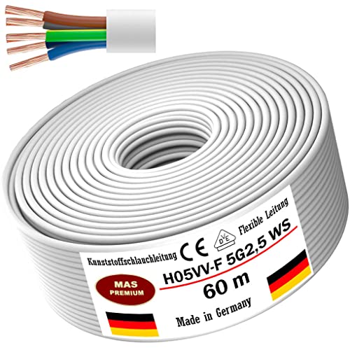 Von 5 bis 100m Kunststoffschlauchleitung H05VV-F 5G0,75; 5G1; 5G1,5 oder 5G2,5 Weiß Flexible Leitung Kabel Leitung Gerätekabel (H05VV-F 5G2,5 WS, 60m) von MAS Premium
