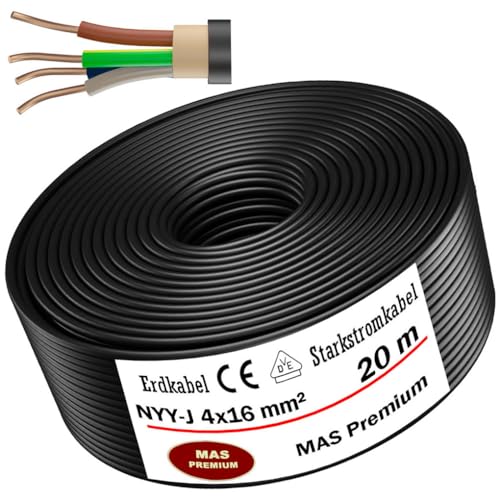 Von 5 bis 25m Erdkabel Starkstromkabel NYY-J 4x16 mm² Elektrokabel OFC Ring zur Verlegung im Freien, Erdreich (20m) von MAS Premium