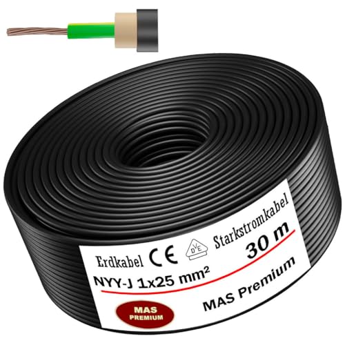 MAS Premium 5-100m Erdkabel Starkstromkabel NYY-J 1x4, 6, 10, 16 oder 25 Elektrokabel OFC Ring zur Verlegung im Freien, Erdreich (NYY-J 1x25 mm², 30m) von MAS Premium