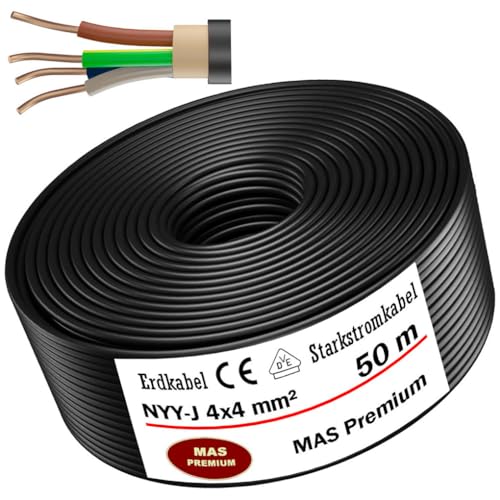 Von 5 bis 50m Erdkabel Starkstromkabel NYY-J 4x4 mm² Elektrokabel OFC Ring zur Verlegung im Freien, Erdreich (50m) von MAS Premium