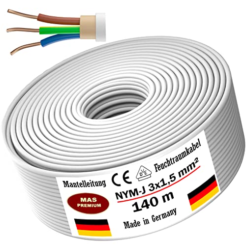 Von 5m bis 200m MAS-Premium Stromkabel Mantelleitung NYM-J 3x1, 5 mm² Elektrokabel Ring für feste Verlegung (140m) von MAS Premium