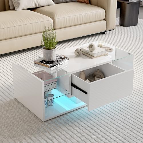 MASAJIA Couchtisch Weiß Hochglanz mit LED Beleuchtung & Glasplatte, Rechteckiger Wohnzimmertisch mit Schubladen, Moderner,100x50x35cm von MASAJIA
