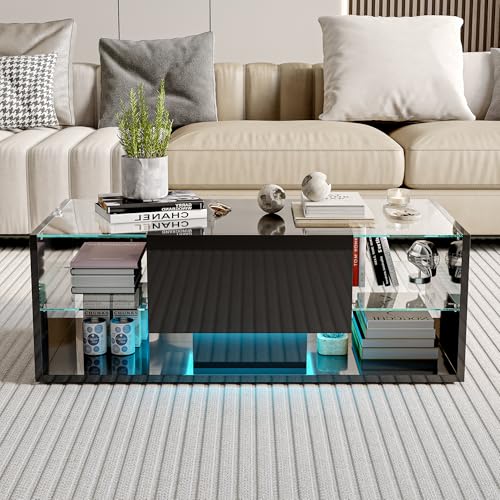 MASAJIA Moderner Couchtisch Schwarz Hochglanz mit LED & Glasplatte,Rechteckiger Wohnzimmertisch mit Schubladen,100x50x35cm MASAJIA Moderner Couchtisch Schwarz Hochglanz mit LED & Glasplatte,Rechteckiger Wohnzimmertisch mit Schubladen,100x50x35cm von MASAJIA