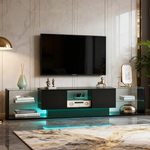 MASAJIA TV Schrank Schwarz Hochglanz - LED Fernsehtisch mit 2 Schubladen & Glasablage,TV Bank 200x35x45 cm für Wohnzimmer, Moderne TV Lowboard von MASAJIA