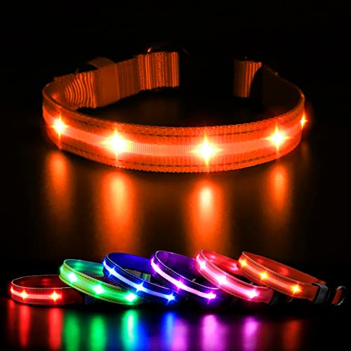 MASBRILL Leuchthalsband Hunde Aufladbar, LED Hundehalsband Leuchtend 3 Blinkende Lichter Wasserdicht Einstellbare Beleuchtetes Sicherheit Halsband für Klein Mittlere Große Hunde, Orange S von MASBRILL