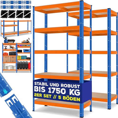 MASKO® 2er-Set Lagerregal Schwerlastregal, Kellerregal, 180x90x40cm, bis 875 kg belastbar, 5 verstellbare Ablagen, MDF-Platten Regal aus Metall, Steckregal, Werkstattregal, Keller, Garage Orange-Blau von MASKO
