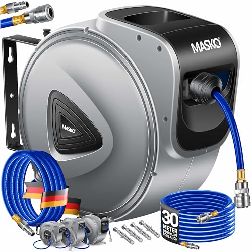MASKO® 30m Druckluftschlauch Aufroller automatisch 1/4" Anschluss - Schlauchtrommel Wandschlauchhalter Schlauchaufroller Druckluftschlauch-Aufroller Druckluftschlauch-trommel Grau von MASKO
