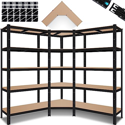 MASKO® 3er Set Regalsystem Metall Lagerregal 1x Eckregal & 2X Lagerregale 15 Böden | MDF-Platten Regal 2625 kg Werkstattregal Kellerregal Garage Schwerlastregal Steckregal, Schwarz von MASKO