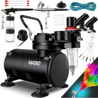 MASKO® Airbrush-Set mit Kompressor 4 bar inkl. Airbrush-Pistolen Lackierpistole Komplett-Set Tattoo Kunst Malerei Nadeln & Düsen im Zubehör Schwarz von MASKO