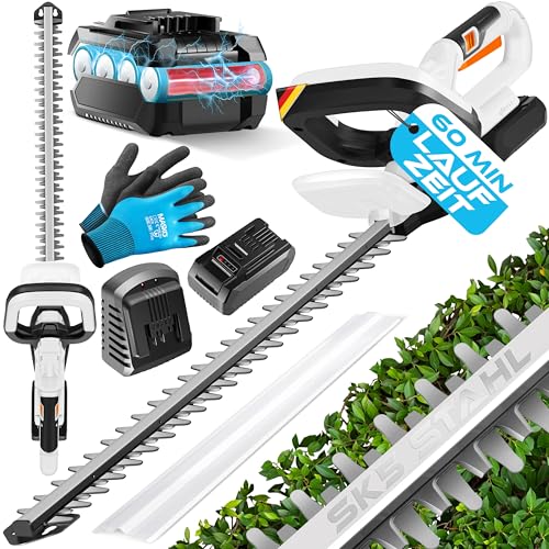 MASKO® Akku Heckenschere Profi Hecken & Strauchschere 57cm Schnittlänge Inkl. Handschuhe, Schutzhülle & 21V Akku 2,0 Ah mit Ladegerät, 27mm Zahnabstand Dual Schnittklingen Verstellbarer Griff Weiß von MASKO