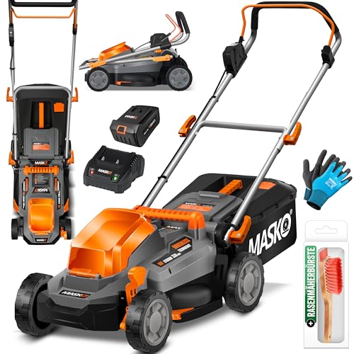 MASKO® Akku Rasenmäher mit Mulchfunktion, Akku Li-Ion Batterie 4Ah & Ladegerät Rasentrimmer 33cm Schnitt-Breite 5X Höhenverstellbar 30L Fangkorb Flächen bis 150m² inkl. Handschuhe & Bürste von MASKO
