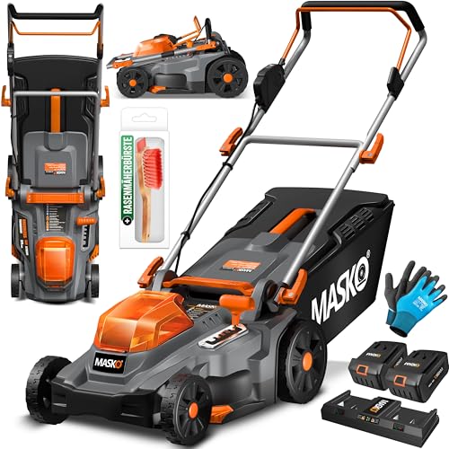 MASKO® Akku Rasenmäher mit Mulchfunktion, 2X Akkus Li-Ion Batterie 4Ah & Doppel-Ladegerät Rasentrimmer 37cm Schnitt-Breite 6X Höhenverstellbar 40L Fangkorb Flächen bis 600m² inkl. Handschuhe & Bürste von MASKO