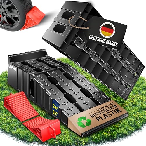 MASKO® Auffahrrampe 2er Set | Auffahrkeile bis 10T Traglast | KFZ-Rampe mit Überfahrschutz | Verladerampe rutschfest, robust und extra breit | Garagenrampen Autorampe Ölwechsel und Reparatur von MASKO