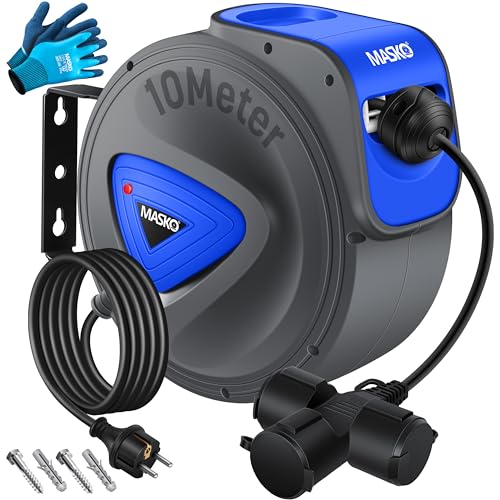 MASKO® Automatik Kabeltrommel Verlängerungskabel 10m mit 3-Fach Anschluss 180° drehbar 1,5m Zuleitung Wandhalterung Werkstatt Kabelaufroller Automatisch Stromtrommel Schlauchaufroller Inkl. Handschuhe von MASKO