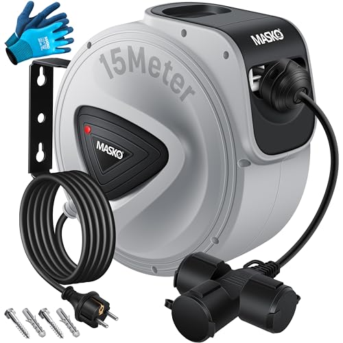MASKO® Automatik Kabeltrommel Verlängerungskabel 15m mit 3-Fach Anschluss 180° drehbar 1,5m Zuleitung Wandhalterung Werkstatt Kabelaufroller Automatisch Stromtrommel Schlauchaufroller Inkl. Handschuhe von MASKO