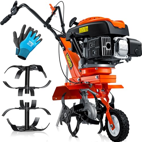 MASKO® Benzin Gartenfräse MK-909 Motorhacke 2,2kW (3PS) 139ccm | Ackerfräse mit 36cm Arbeitsbreite 4 Takt Motor 16 Harte Messer Bodenfräse Gartenhacke Kultivator Bodenhacke inkl. Handschuhe Orange von MASKO