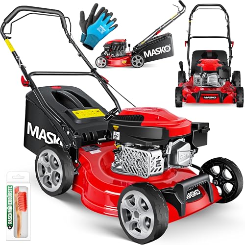 MASKO® Benzin Rasenmäher 3in1 | 42 cm Schnittbreite | 7- fache Schnitthöhenverstellung | 4 Takt OHV Motor 3,4 PS | 50 Liter Fangkorb| Inkl. Mulch- Kit, Seitenauswurf, Handschuhe & Rasenmäherbürste von MASKO
