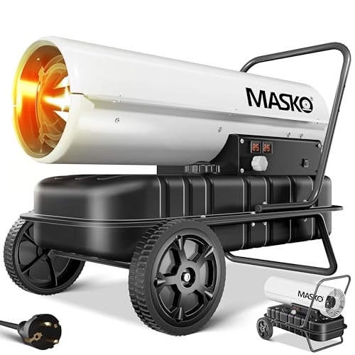 MASKO® Heizkanone 30kW Diesel Bautrockner Bauheizer Heißluftgenerator Heizgebläse 34L Tank mit Thermostat Ölheizer Luftstrom 750m³/h/Stunde Ölbeheizung Heizlüfter Heizstrahler Weiß von MASKO