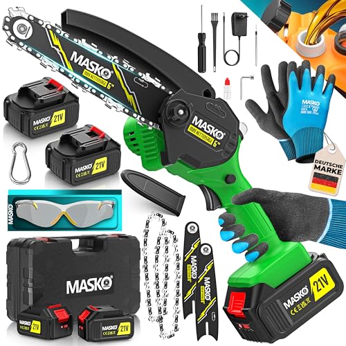 MASKO® Mini Kettensäge 800W, 6 Zoll, 8000mAh Akku | Elektrische Motorsäge mit Automatischem Ölsystem | Handkettensäge für Astschnitte & Holzarbeiten | Inkl. Koffer, 2x 4000mAh Akkus & 2x Ersatzketten von MASKO